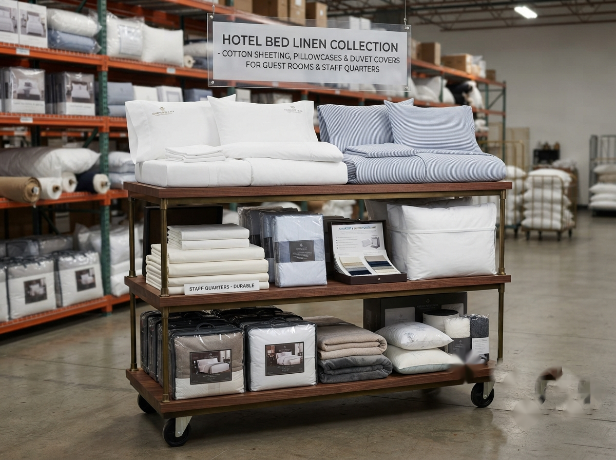 Hotel bed linen sets displayed for wholesale supply